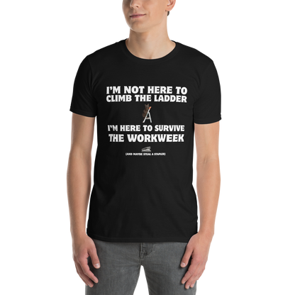 Man wearing a black Not Here to Climb the Ladder Work T-Shirt - Boozy Fox