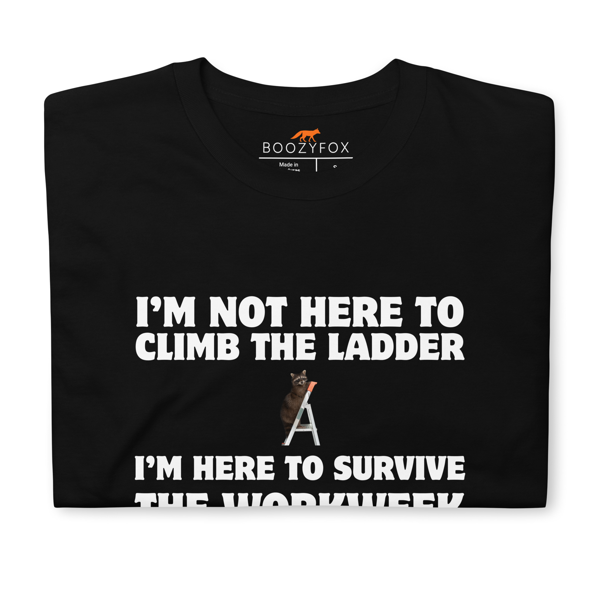 Front details of a black Not Here to Climb the Ladder Work T-Shirt - Boozy Fox