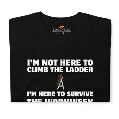 Front details of a black Not Here to Climb the Ladder Work T-Shirt - Boozy Fox