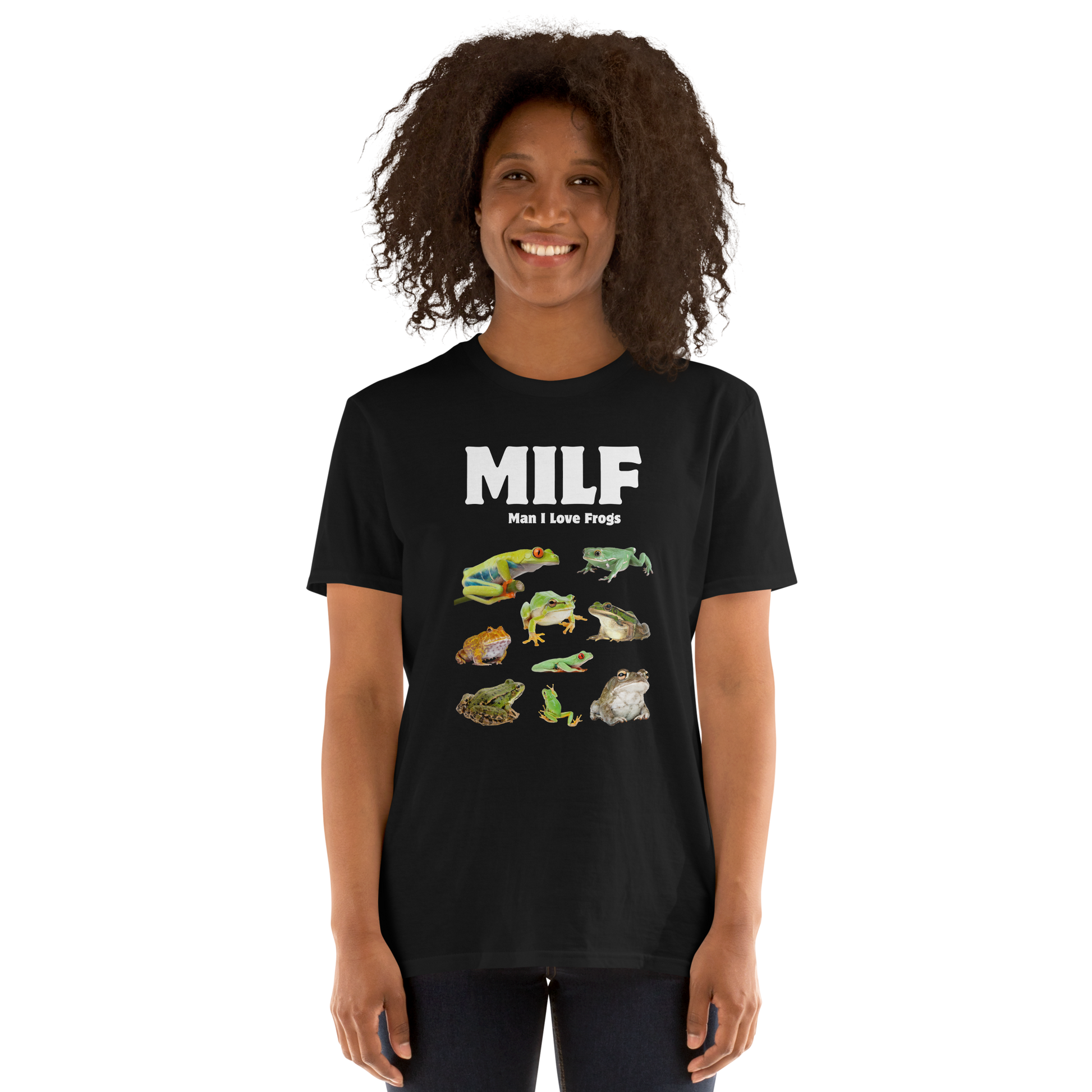 Woman wearing a black Man I Love Frogs T-Shirt - Boozy Fox