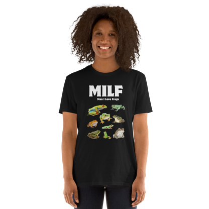 Woman wearing a black Man I Love Frogs T-Shirt - Boozy Fox