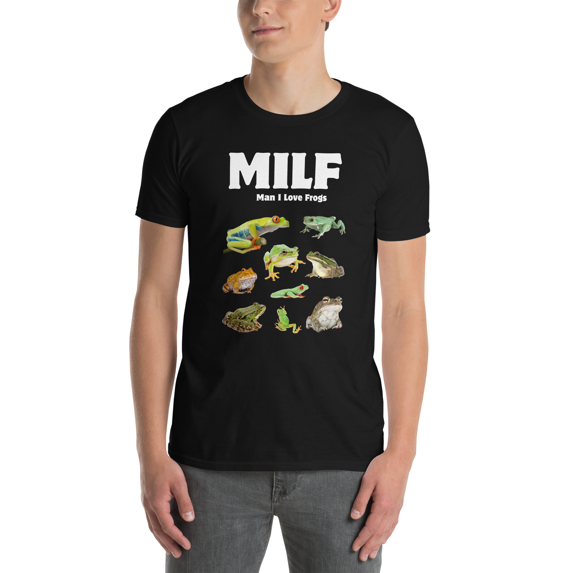 Man wearing a black Man I Love Frogs T-Shirt - Boozy Fox