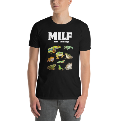 Man wearing a black Man I Love Frogs T-Shirt - Boozy Fox