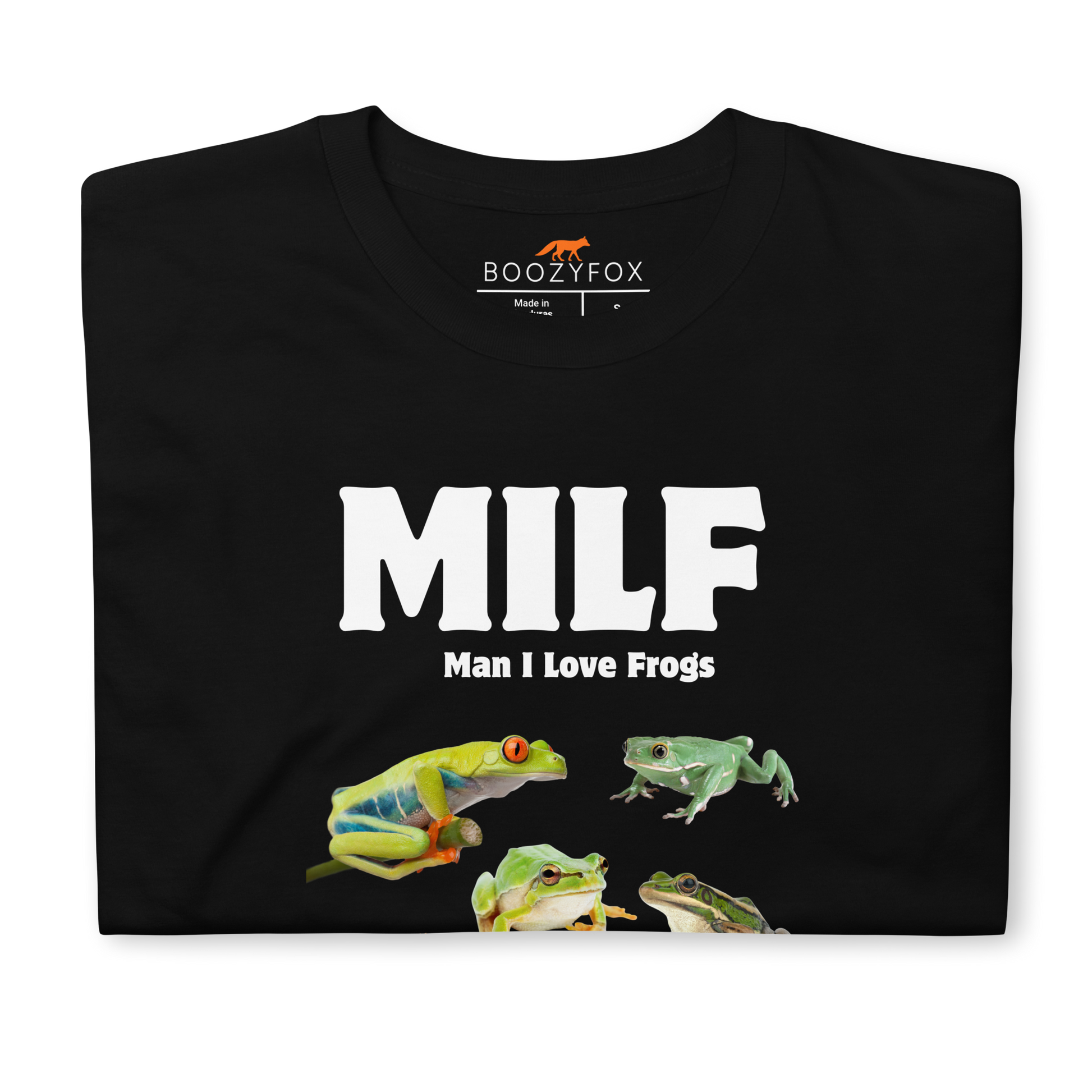 Front details of a black Man I Love Frogs T-Shirt - Boozy Fox