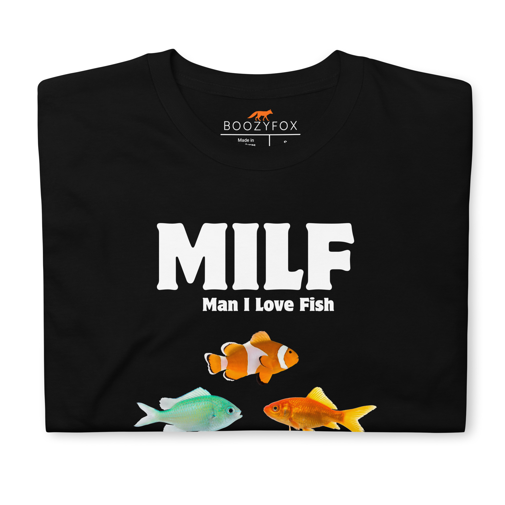 Front details of a black Man I Love Fish T-Shirt - Boozy Fox