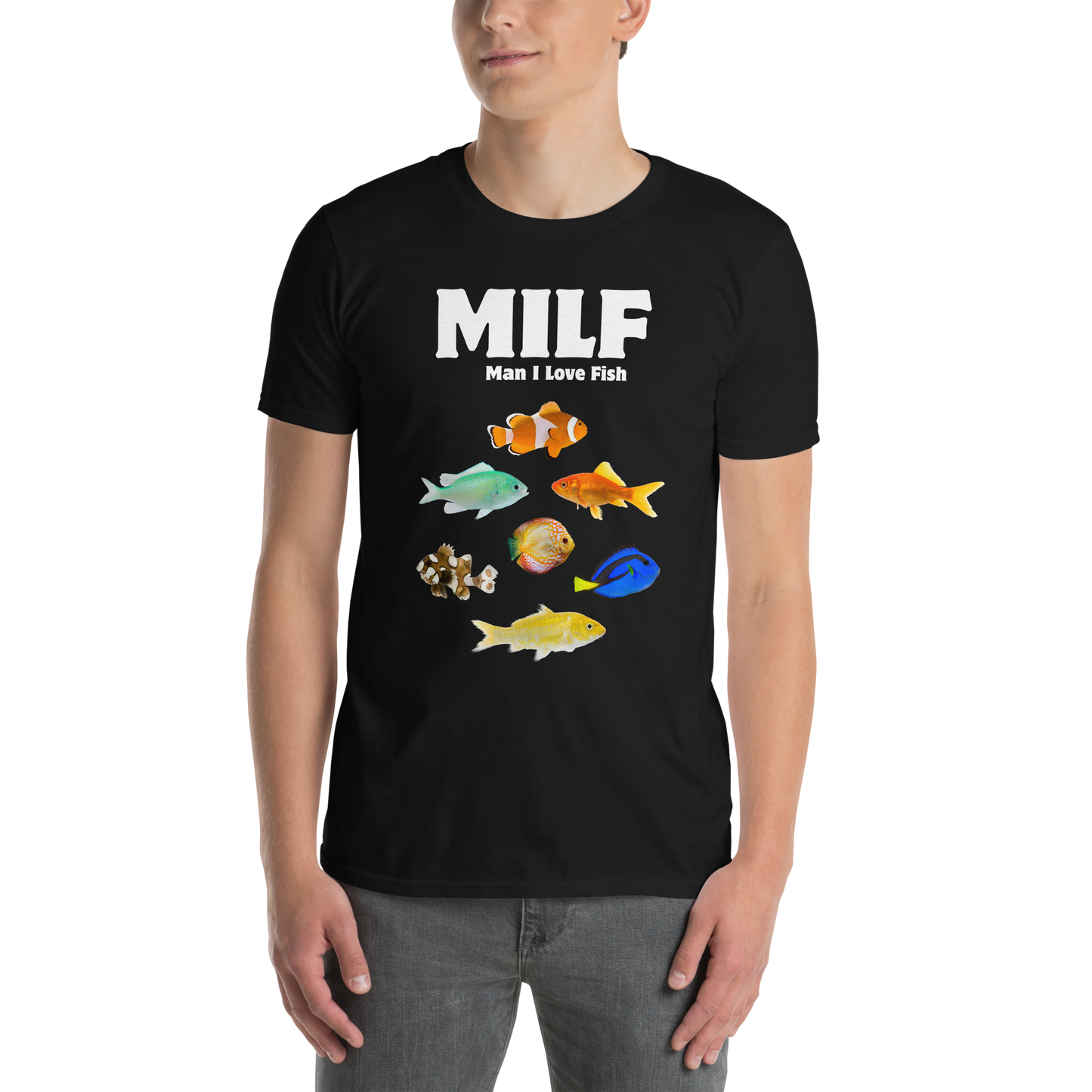 Man wearing a black Man I Love Fish T-Shirt - Boozy Fox