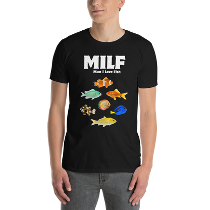 Man wearing a black Man I Love Fish T-Shirt - Boozy Fox