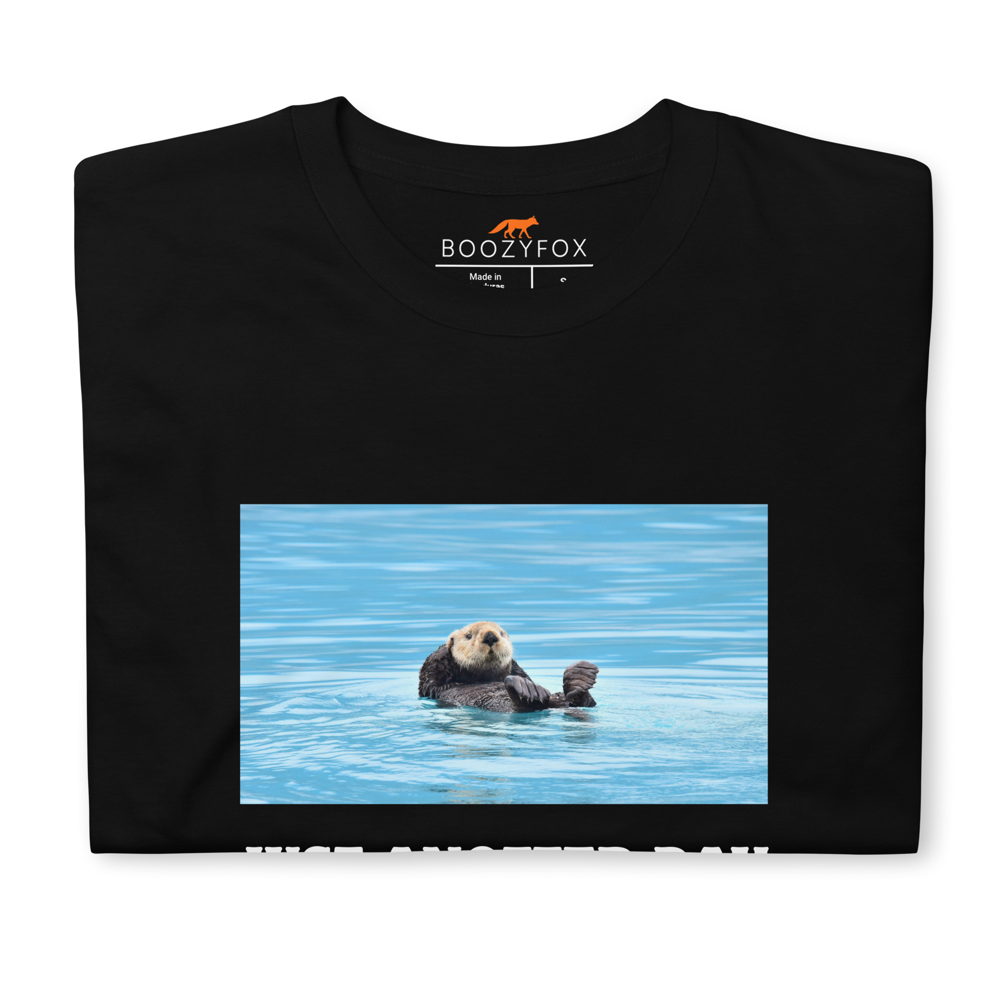 Front details of a black Just Anotter Day Otter T-Shirt - Boozy Fox