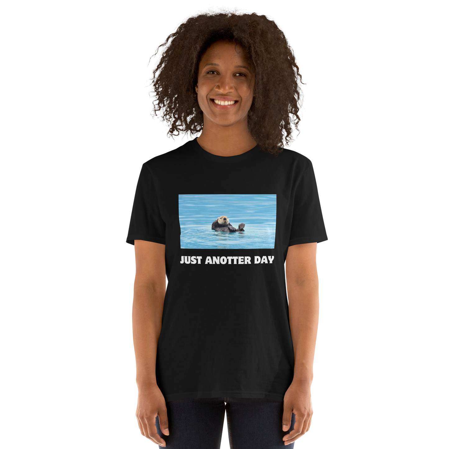 Smiling woman wearing a black Just Anotter Day Otter T-Shirt - Boozy Fox