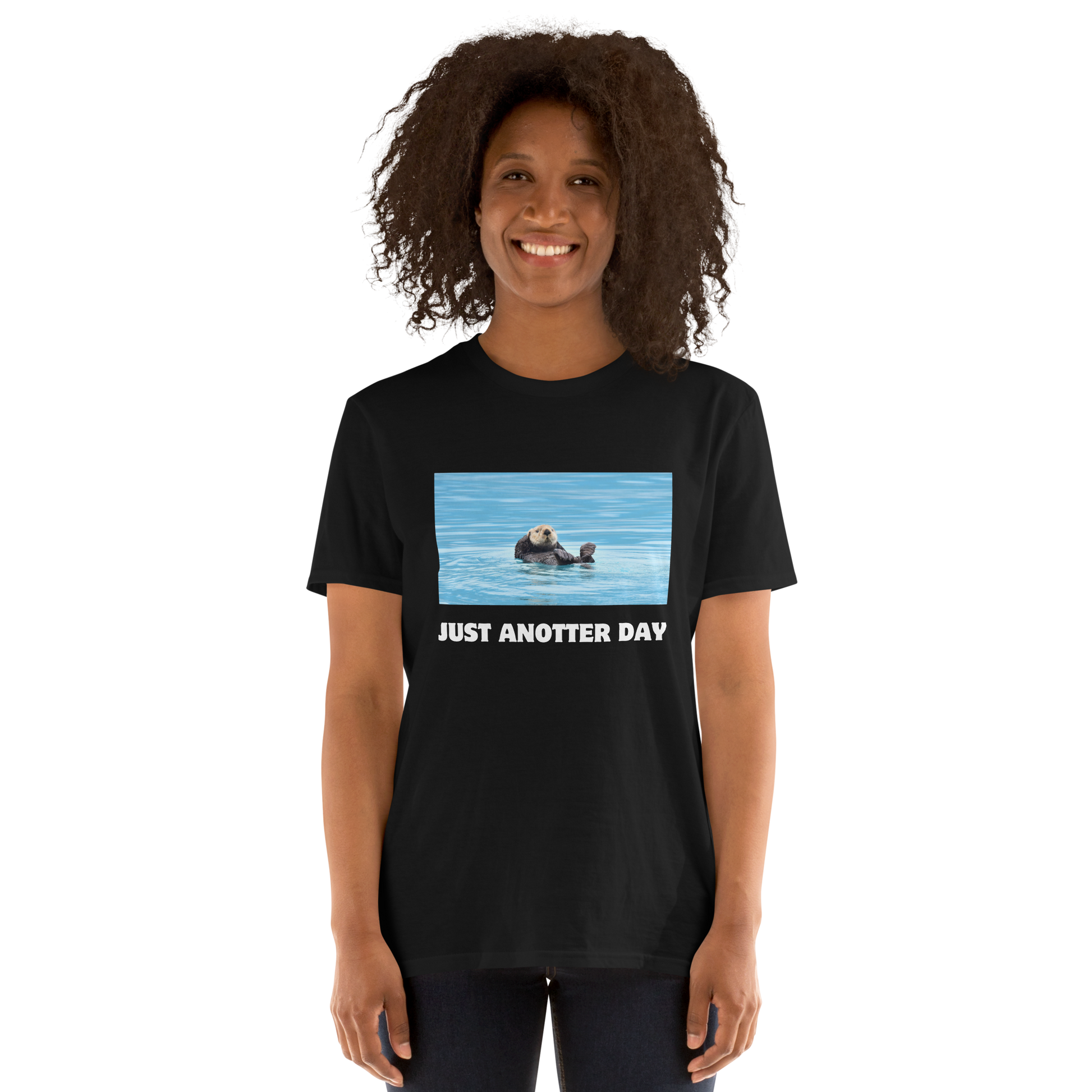 Smiling woman wearing a black Just Anotter Day Otter T-Shirt - Boozy Fox