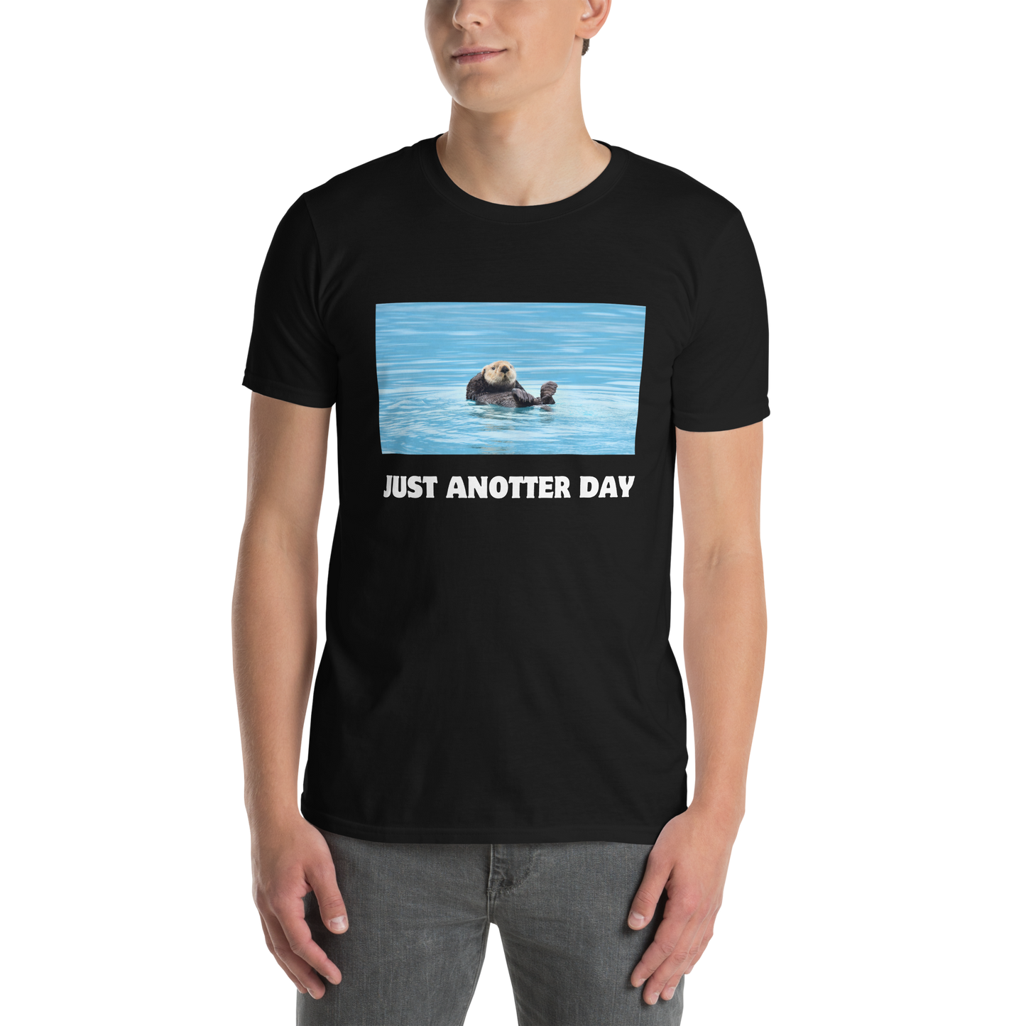 Man wearing a black Just Anotter Day Otter T-Shirt - Boozy Fox