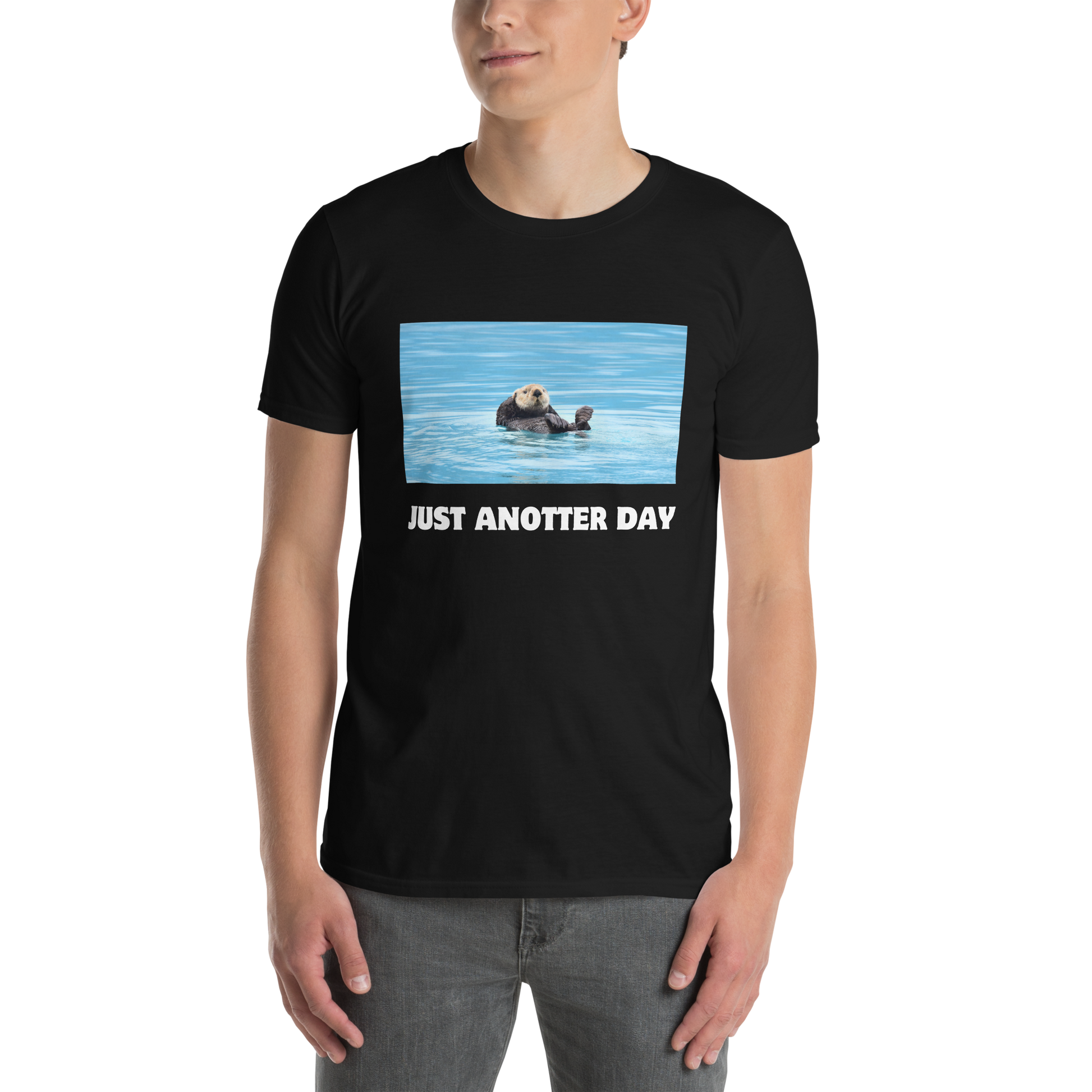 Man wearing a black Just Anotter Day Otter T-Shirt - Boozy Fox