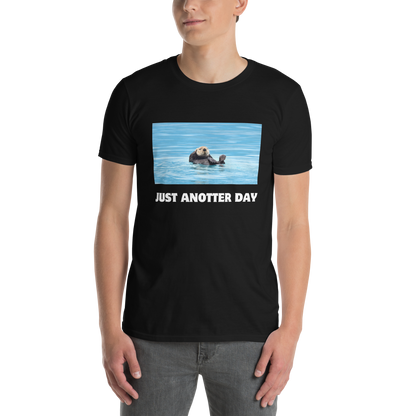 Man wearing a black Just Anotter Day Otter T-Shirt - Boozy Fox