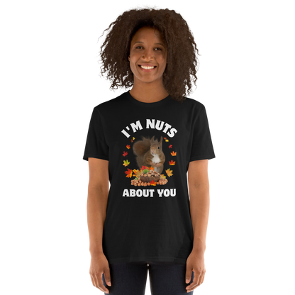 Smiling woman wearing a black I’m Nuts About You Squirrel T-Shirt - Boozy Fox