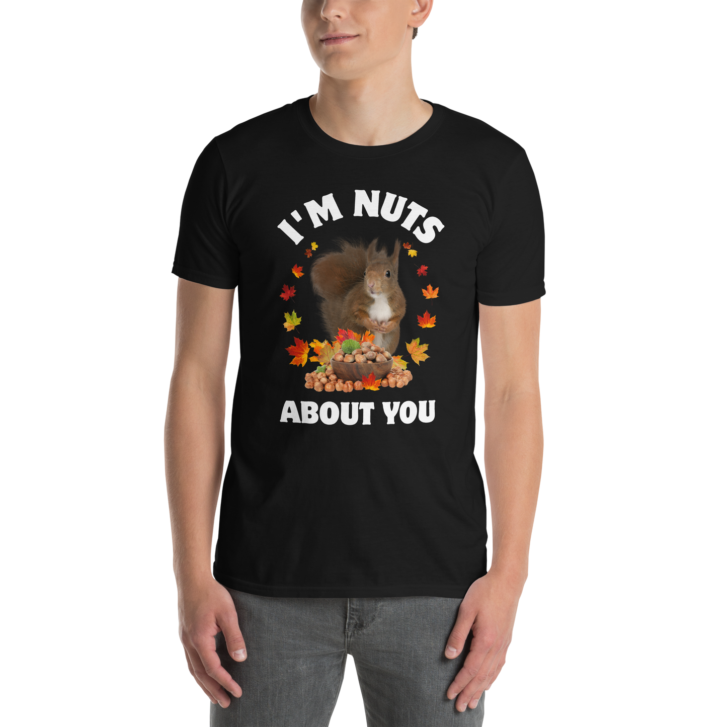 Man wearing a black I’m Nuts About You Squirrel T-Shirt - Boozy Fox