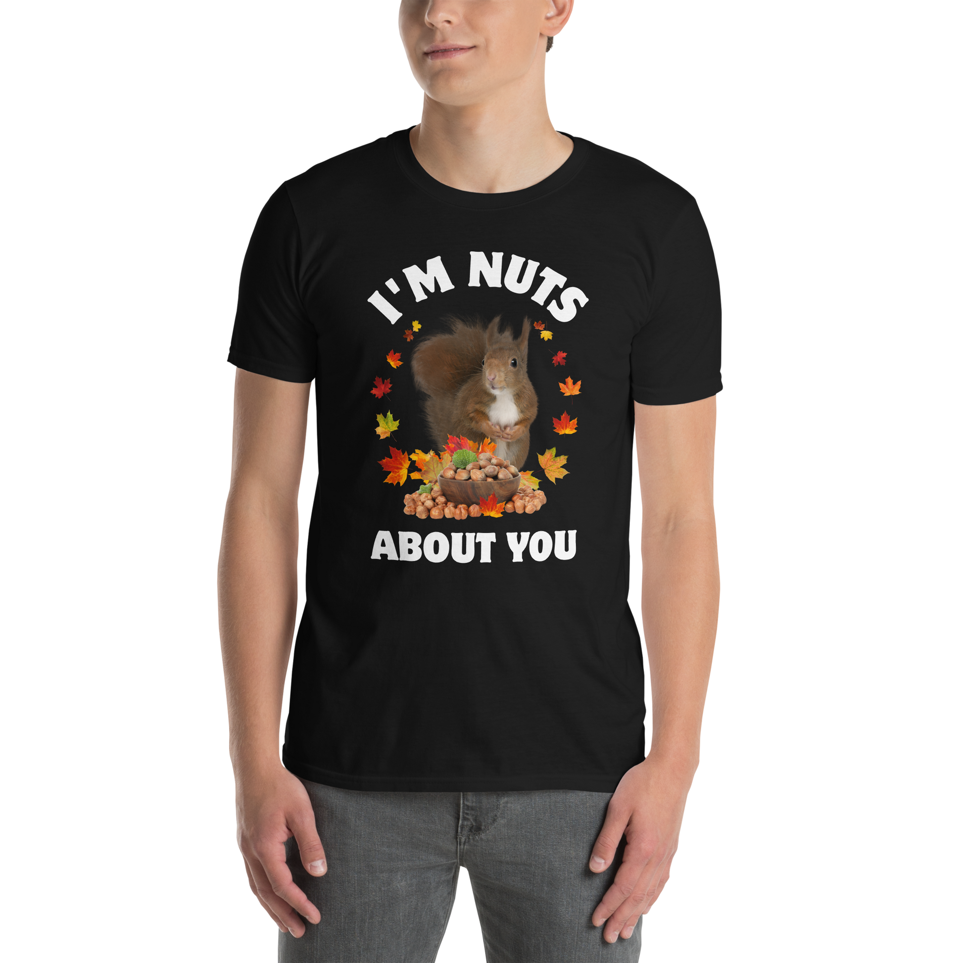 Man wearing a black I’m Nuts About You Squirrel T-Shirt - Boozy Fox