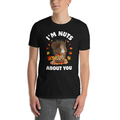 Man wearing a black I’m Nuts About You Squirrel T-Shirt - Boozy Fox