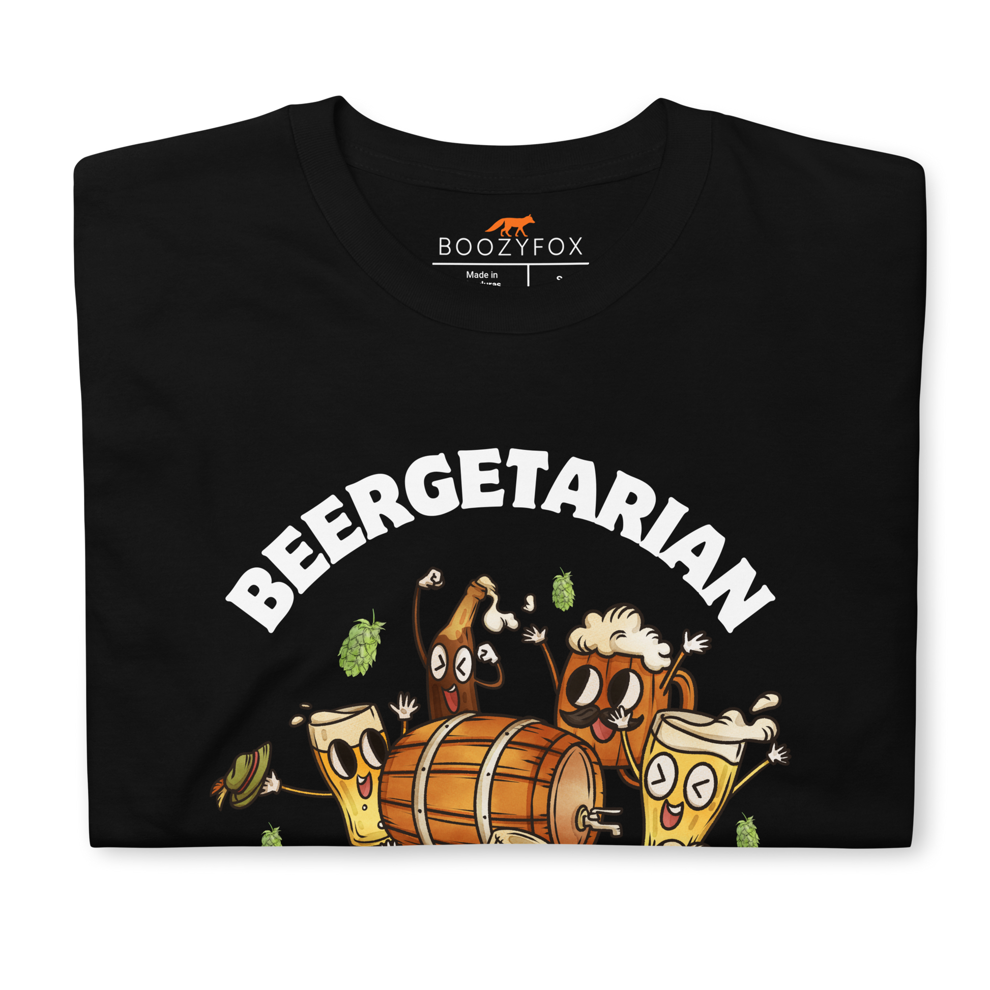 Front details of a black Beergetarian Beer T-Shirt - Boozy Fox
