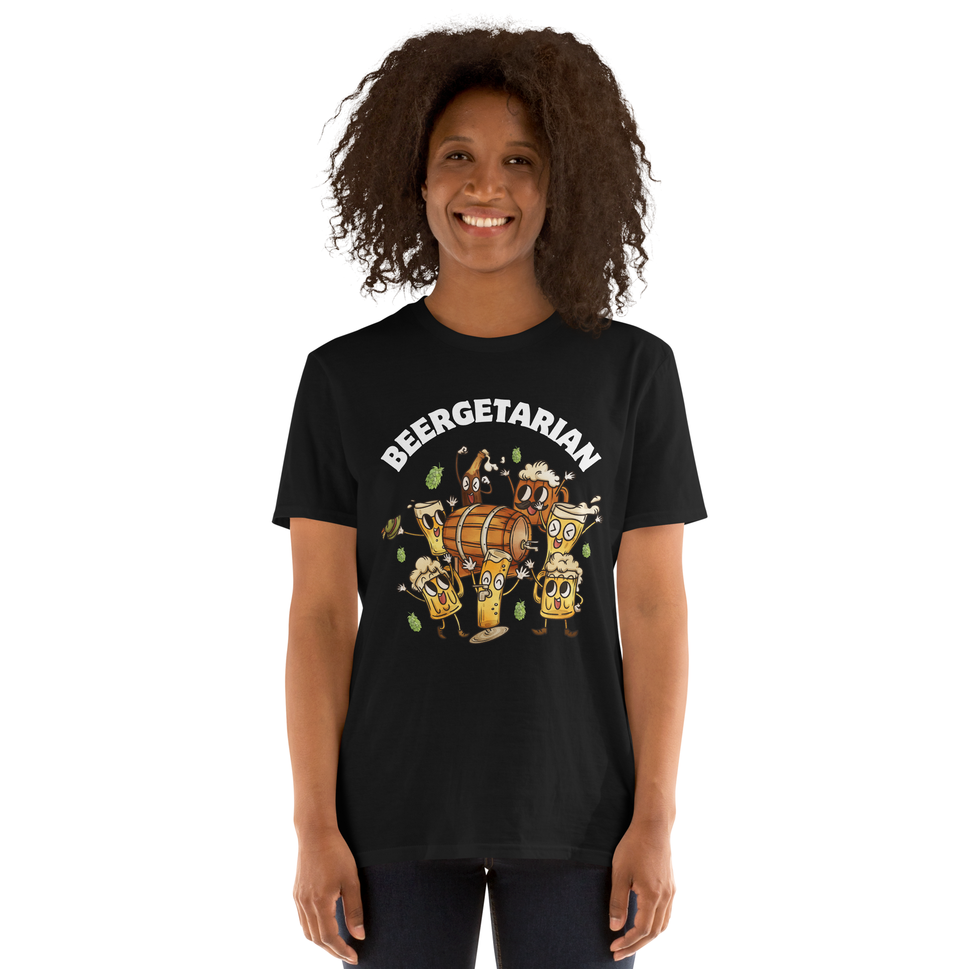 Smiling woman wearing a black Beergetarian Beer T-Shirt - Boozy Fox