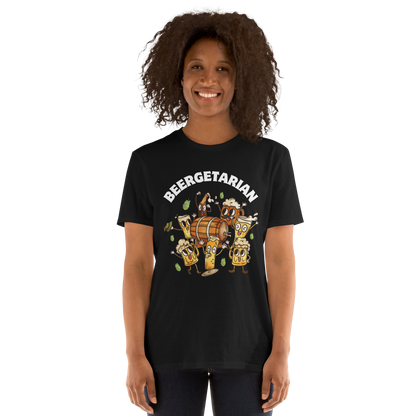 Smiling woman wearing a black Beergetarian Beer T-Shirt - Boozy Fox