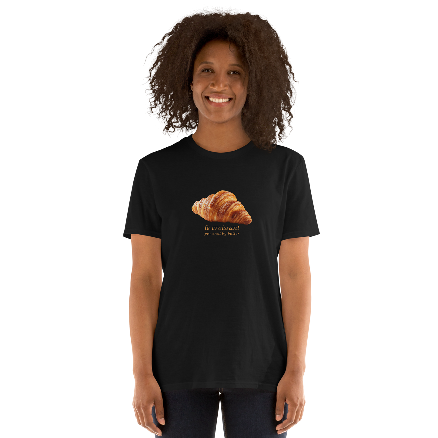 Woman wearing a Funny Le Croissant graphic t-shirt in black by Boozy Fox