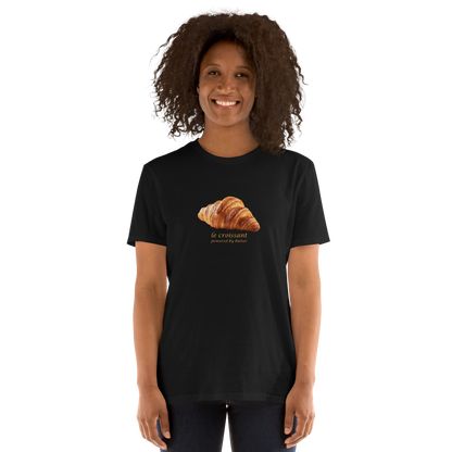 Woman wearing a Funny Le Croissant graphic t-shirt in black by Boozy Fox
