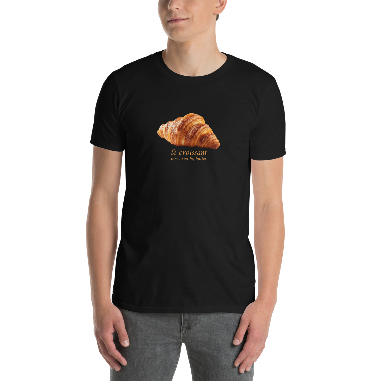 Man wearing a Funny Le Croissant graphic t-shirt in black by Boozy Fox