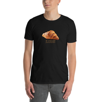 Man wearing a Funny Le Croissant graphic t-shirt in black by Boozy Fox