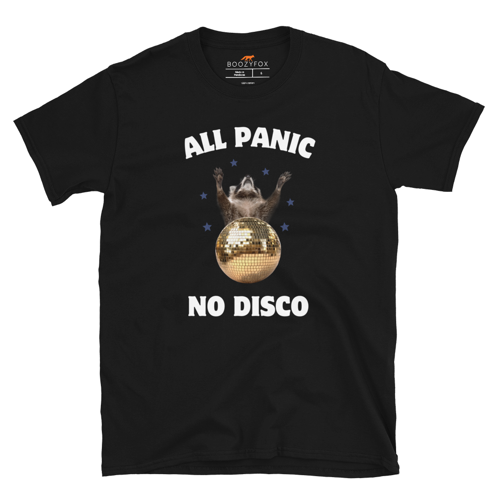 Funny All Panic No Disco Raccoon graphic t-shirt in black by Boozy Fox