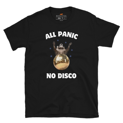 Funny All Panic No Disco Raccoon graphic t-shirt in black by Boozy Fox