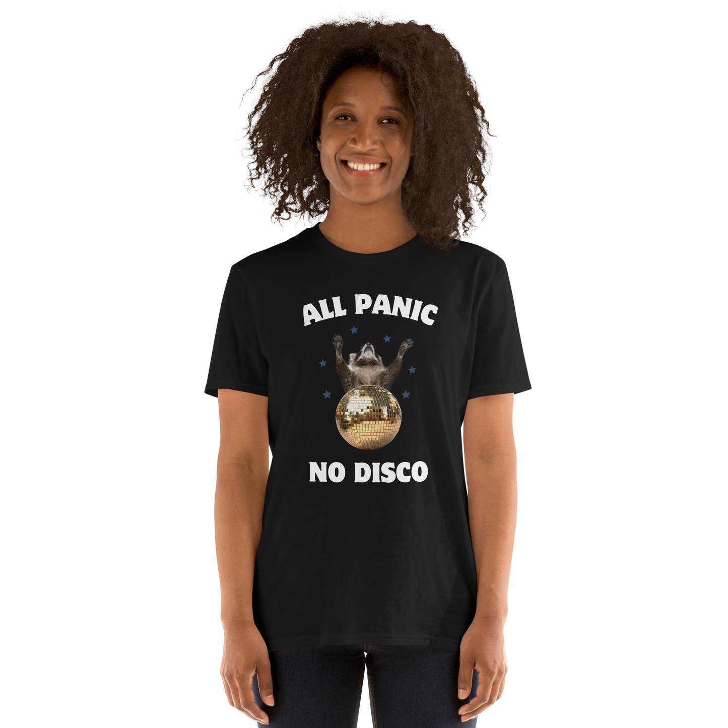 Woman wearing a Funny All Panic No Disco Raccoon graphic t-shirt in black by Boozy Fox