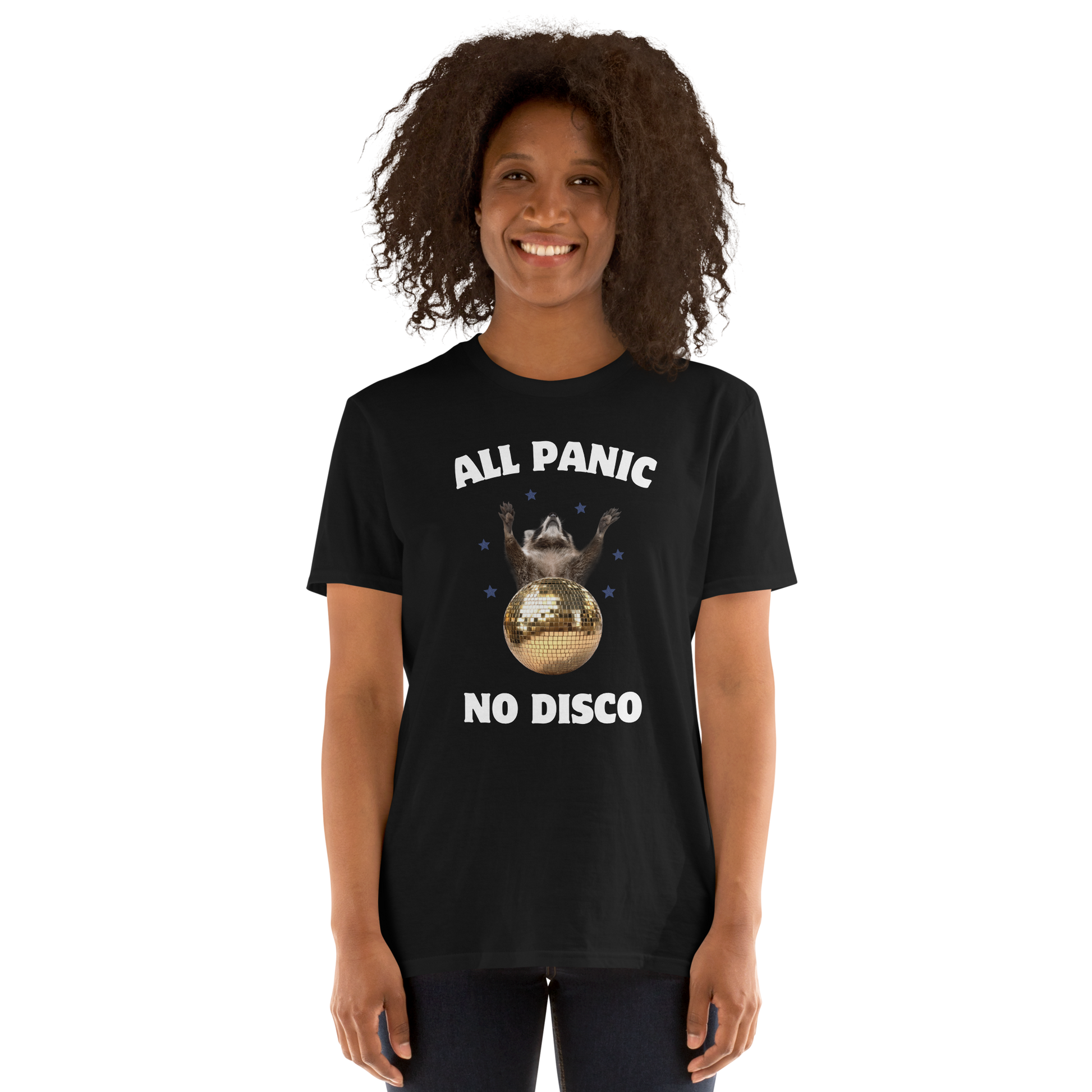 Woman wearing a Funny All Panic No Disco Raccoon graphic t-shirt in black by Boozy Fox