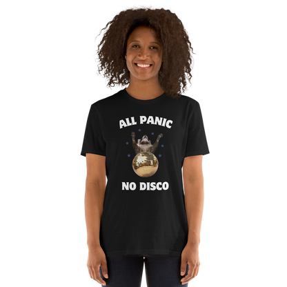 Woman wearing a Funny All Panic No Disco Raccoon graphic t-shirt in black by Boozy Fox
