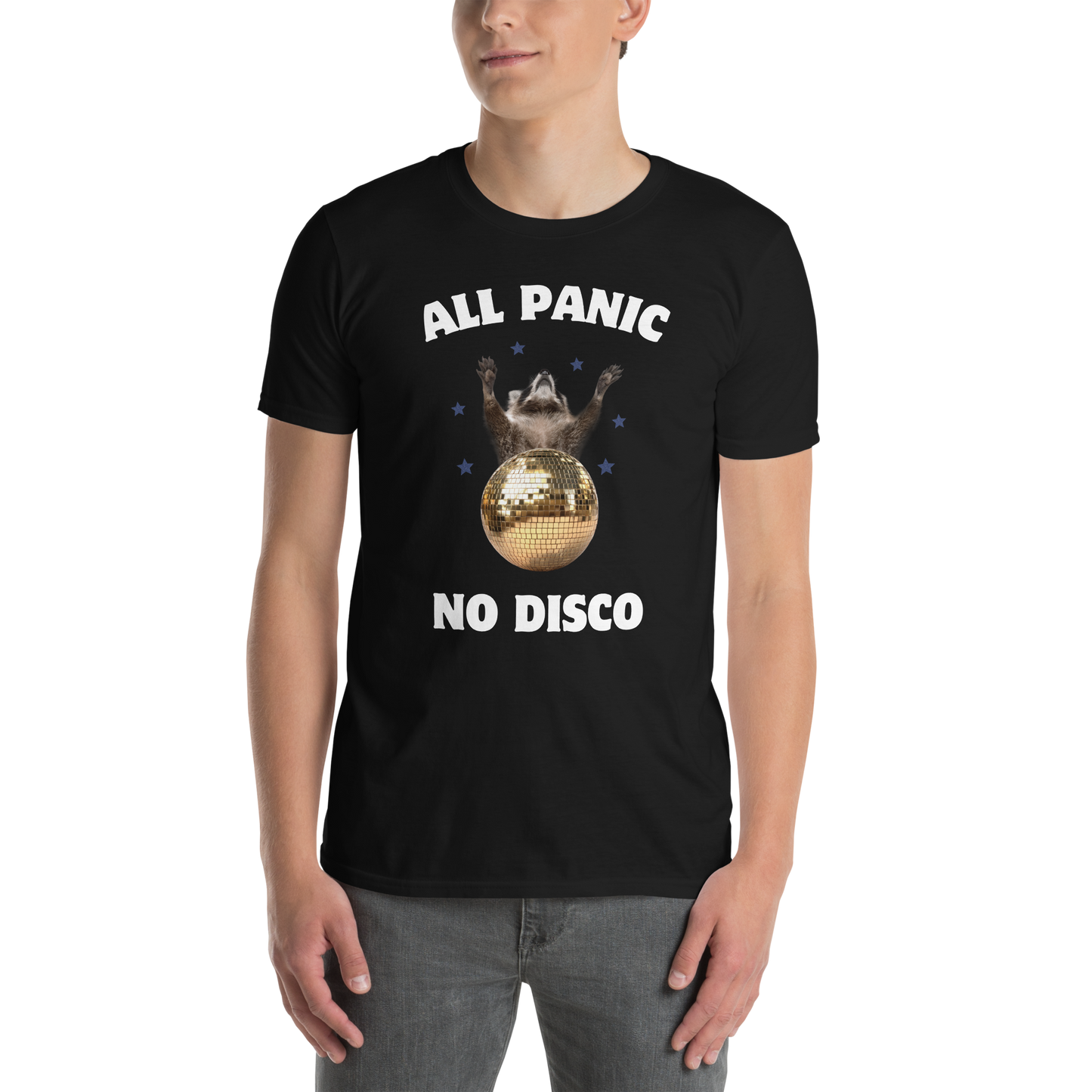Man wearing a funny All Panic No Disco Raccoon graphic t-shirt in black by Boozy Fox