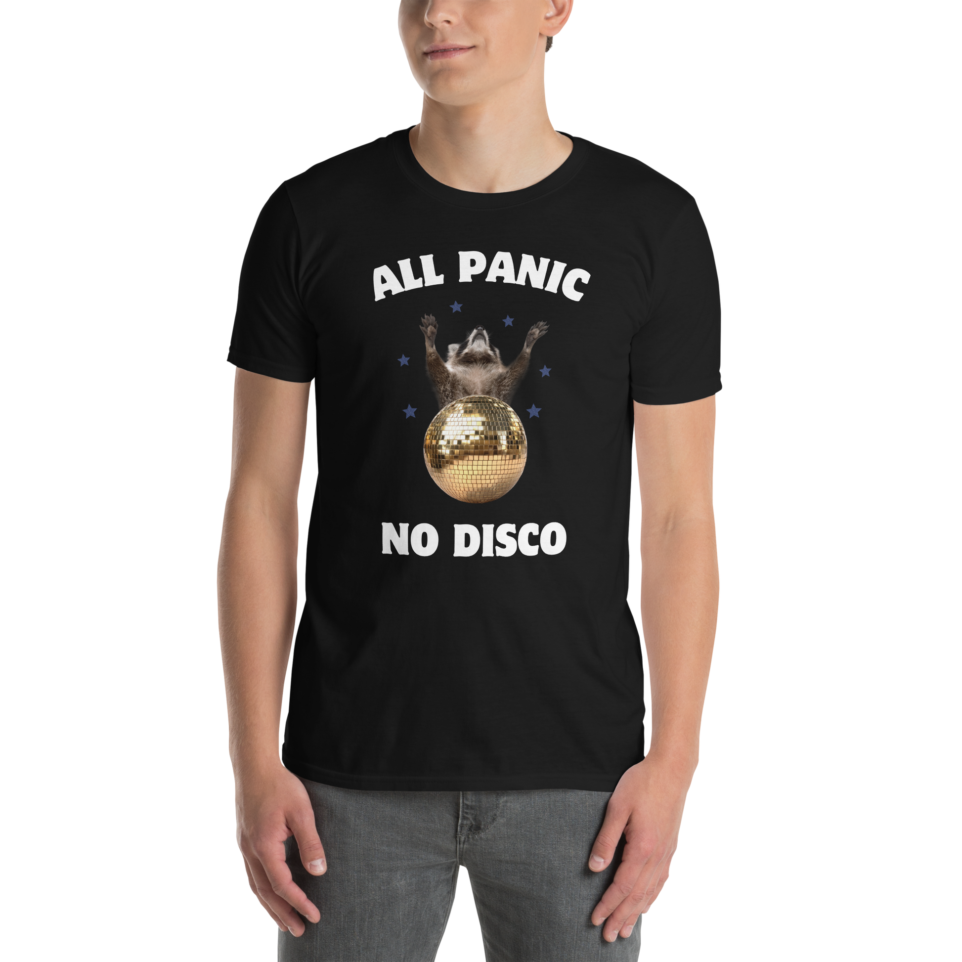 Man wearing a funny All Panic No Disco Raccoon graphic t-shirt in black by Boozy Fox