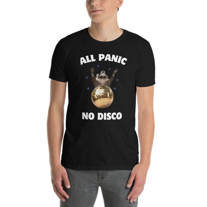 Man wearing a funny All Panic No Disco Raccoon graphic t-shirt in black by Boozy Fox