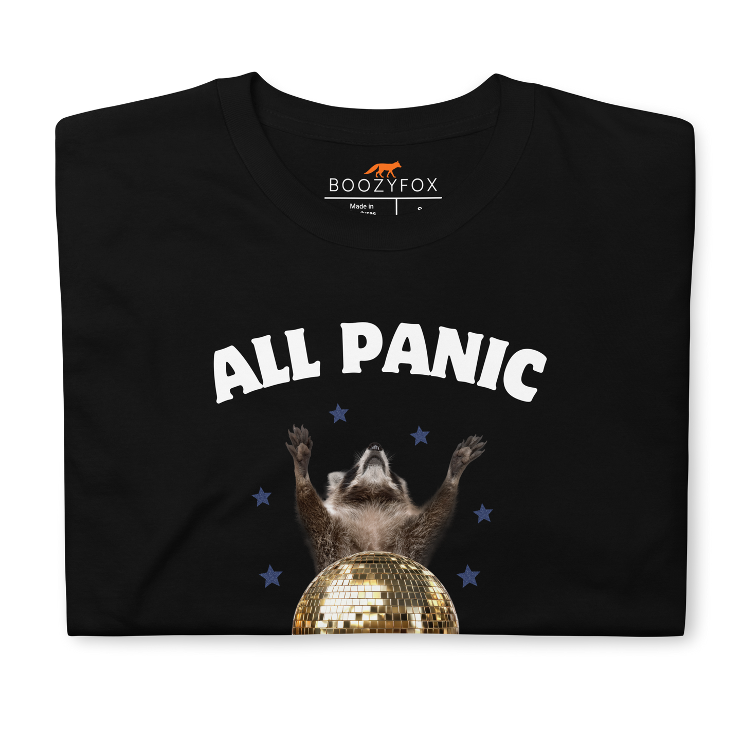 Front details of a Funny All Panic No Disco Raccoon graphic t-shirt in black by Boozy Fox