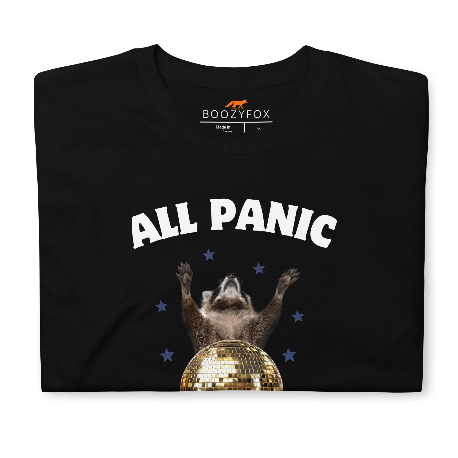 Front details of a Funny All Panic No Disco Raccoon graphic t-shirt in black by Boozy Fox