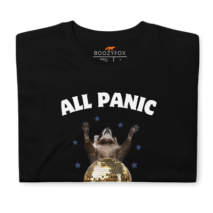 Front details of a Funny All Panic No Disco Raccoon graphic t-shirt in black by Boozy Fox