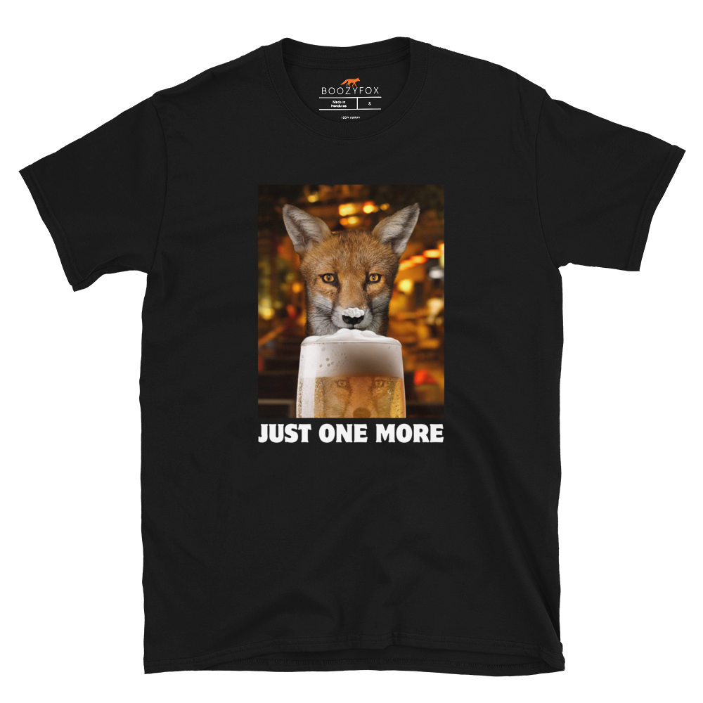 Funny Just One More Fox graphic t-shirt in black by Boozy Fox
