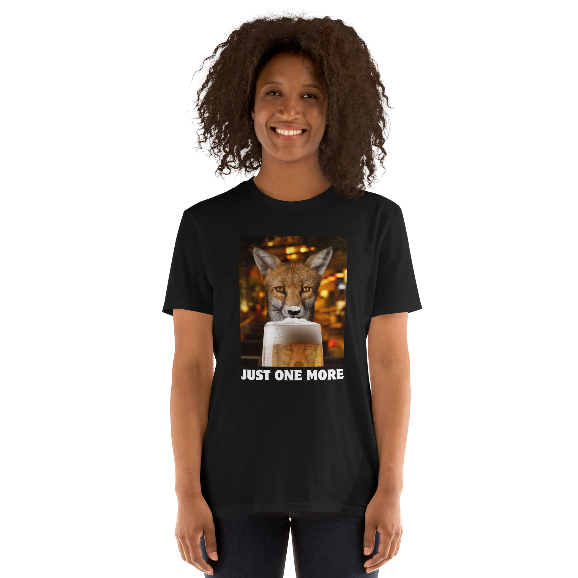Woman wearing a Funny Just One More Fox graphic t-shirt in black by Boozy Fox