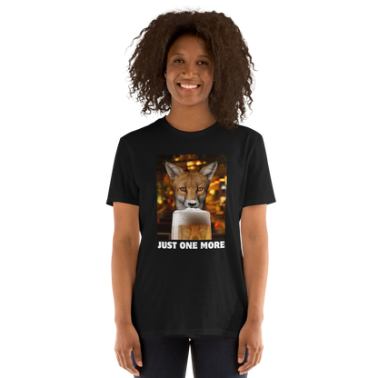 Woman wearing a Funny Just One More Fox graphic t-shirt in black by Boozy Fox