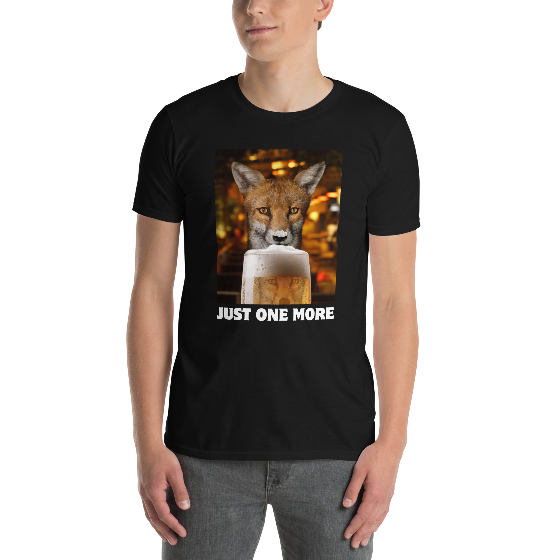 Man wearing a Funny Just One More Fox graphic t-shirt in black by Boozy Fox