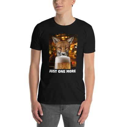 Man wearing a Funny Just One More Fox graphic t-shirt in black by Boozy Fox