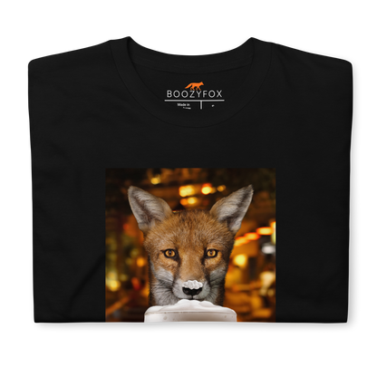 Front details of a Funny Just One More Fox graphic t-shirt in black by Boozy Fox