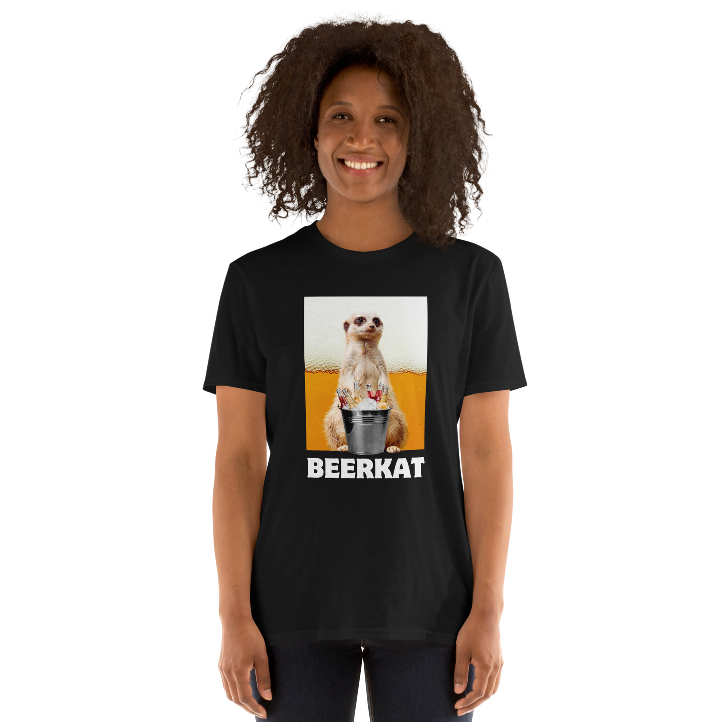 Woman wearing a Funny Meerkat graphic t-shirt in black by Boozy Fox