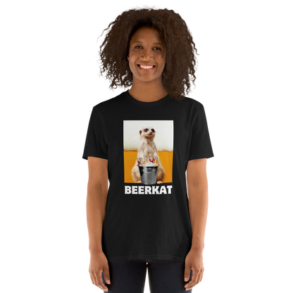 Woman wearing a Funny Meerkat graphic t-shirt in black by Boozy Fox