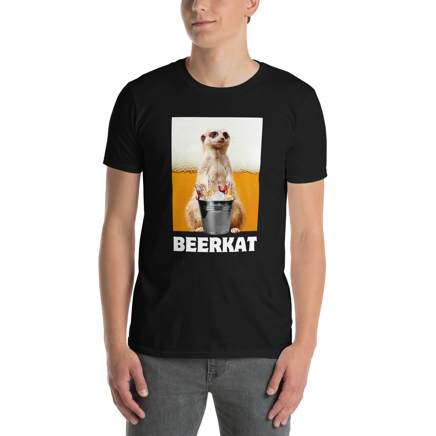 Man wearing a Funny Meerkat graphic t-shirt in black by Boozy Fox
