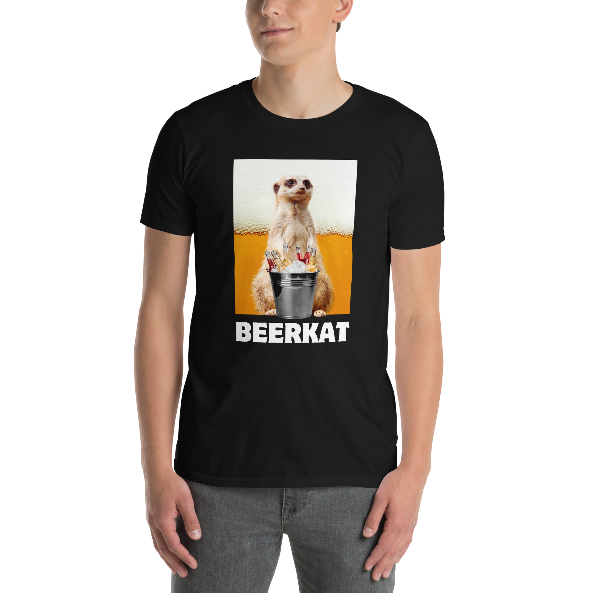 Man wearing a Funny Meerkat graphic t-shirt in black by Boozy Fox