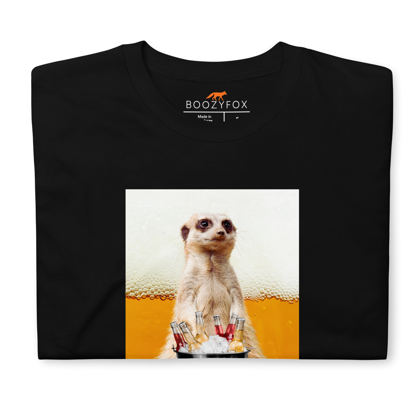 Front details of a Funny Meerkat graphic t-shirt in black by Boozy Fox